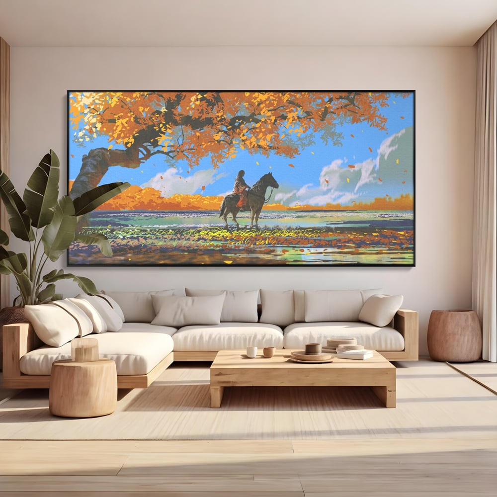 Tablou canvas cu tablou canvas cu fata pe cal, in rama de aluminiu negru, pe perete intr-un living
